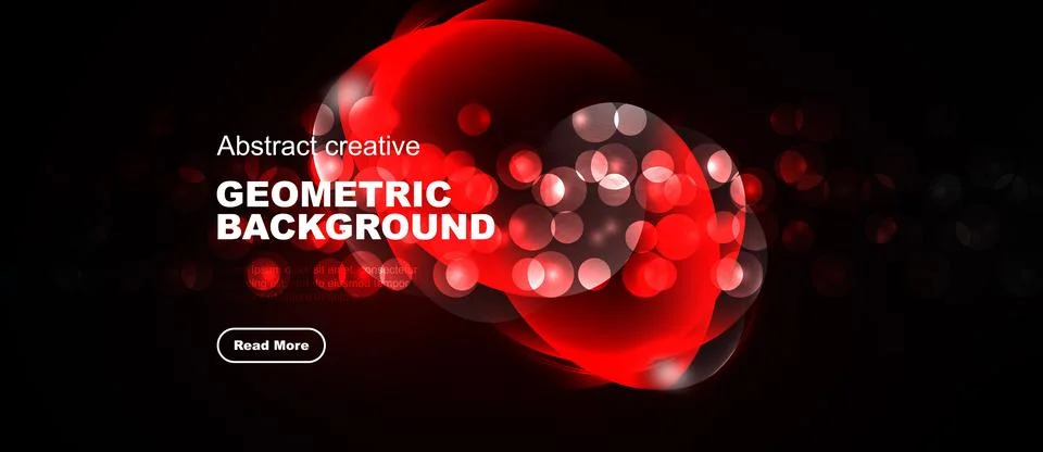 Dark backdrop features vibrant red geometric shapes, dots, flowing lines. M.. Ilustração Stock
