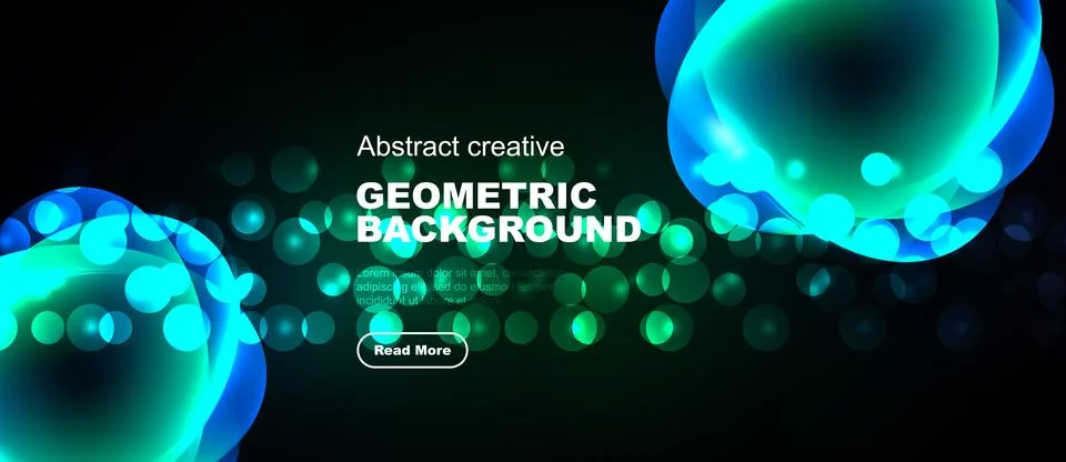 Dark backdrop features vibrant turquoise circles, gradients. Text reads Stock Illustration