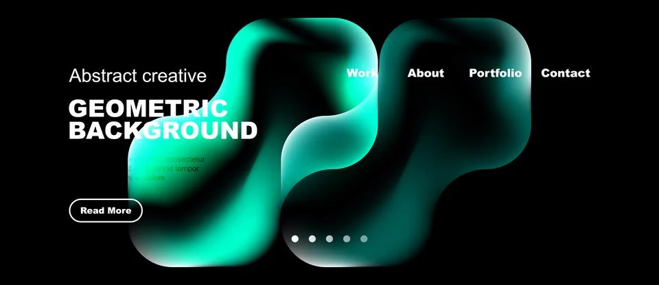 Dark backdrop features vibrant turquoise shapes, text elements, navigation Stock Illustration