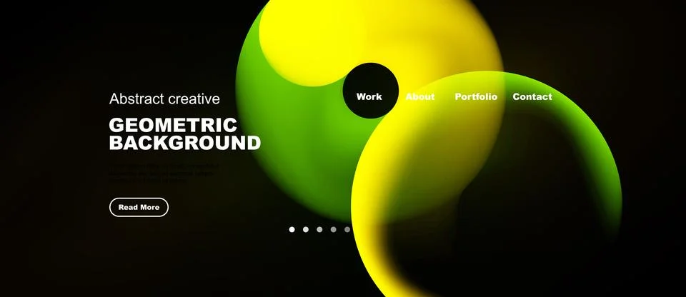 Dark backdrop features vibrant yellow, green shapes. Menu options present wor Stock Illustration