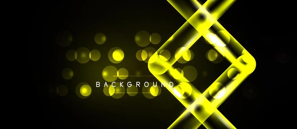 Dark backdrop features vibrant yellow lines forming geometric shapes. Bokeh Stock Illustration