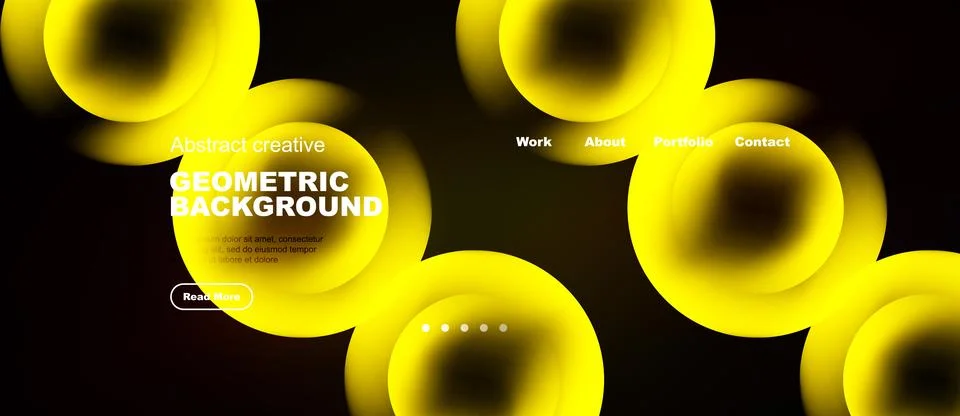 Dark backdrop features vibrant yellow geometric shapes. Website header includ Stock Illustration