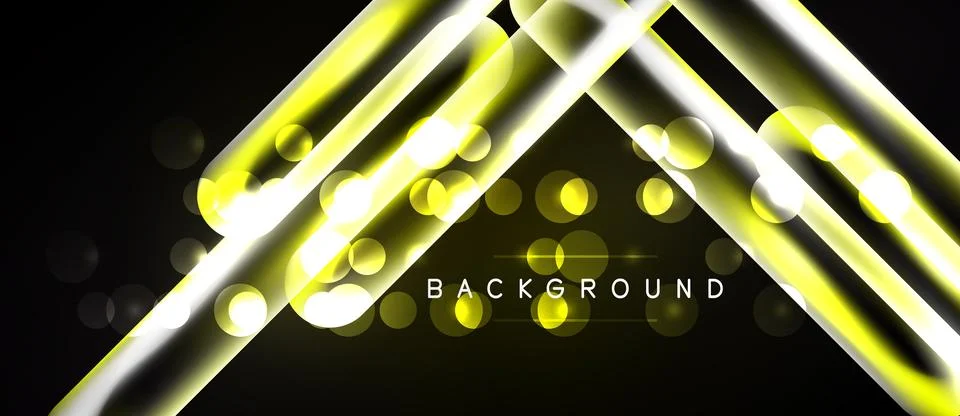 Dark backdrop features yellow glowing lines, geometric shapes, bokeh effects. 스톡 일러스트