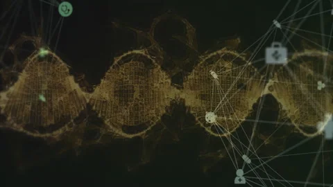 Dark backdrop starting golden helix forming as green network icons rising 動画素材 313148370