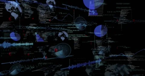 Dark backdrop streaming code spawning globe, chart animations assembling into Stock Footage 325837239