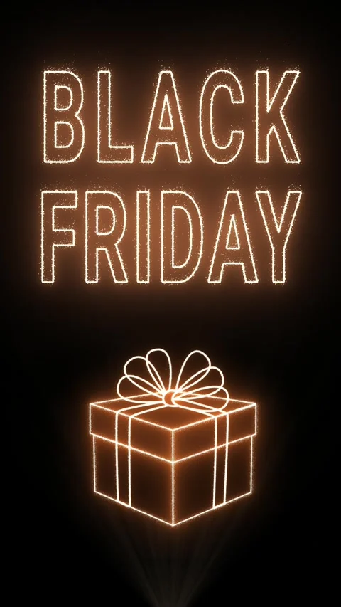On a dark background, Black Friday text and a gift box made of neon yellow Stock Footage 309282232