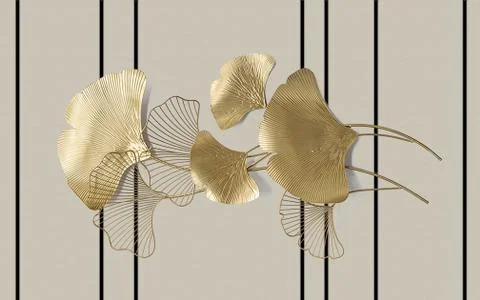Dark background with black vertical stripes, large abstract gold leaves Stock Illustration