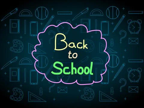 Dark background with blue school accessories on the theme of "back to school" Stock Illustration