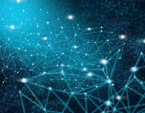 Dark background with bright luminous dots connected to each other. Foto stock