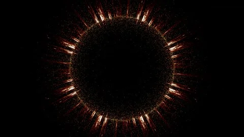 On a dark background, a circle of glowing particles and yellow and red lines Stock Footage 260640644