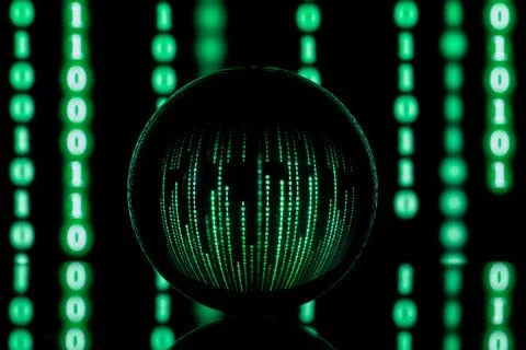 Dark background with computer binary code and a ball. The concept of artifi.. Stock Photos