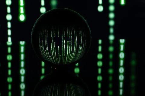 Dark background with computer binary code and a ball. The concept of artifi.. Stock Photos
