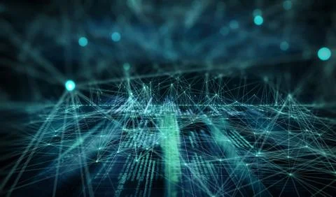 Dark background with connecting code, dots and lines Stock Illustration