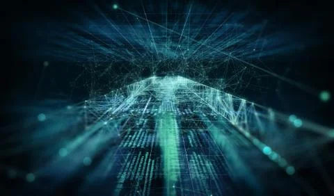 Dark background with connecting code, dots and lines Stock Illustration