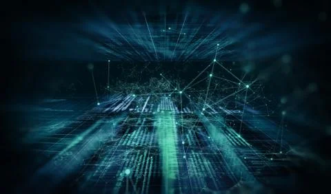 Dark background with connecting code, dots and lines Stock Illustration