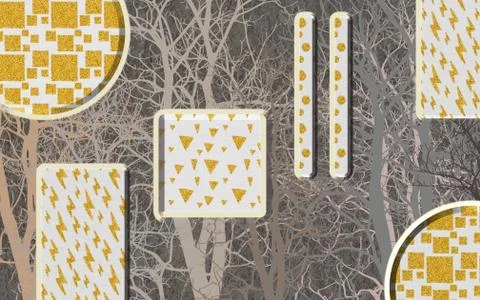 Dark background, the contours of trees, bright geometric shapes Stock Illustration