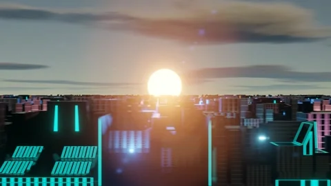 Dark background with digital neon lights, pixelated skyscrapers, endless loop Vidéo 274848599