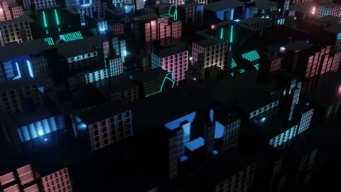Dark background with digital neon lights, pixelated skyscrapers, endless loop Vidéo 274848615