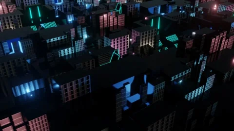 Dark background with digital neon lights, pixelated skyscrapers, endless loop Vidéo 274849252