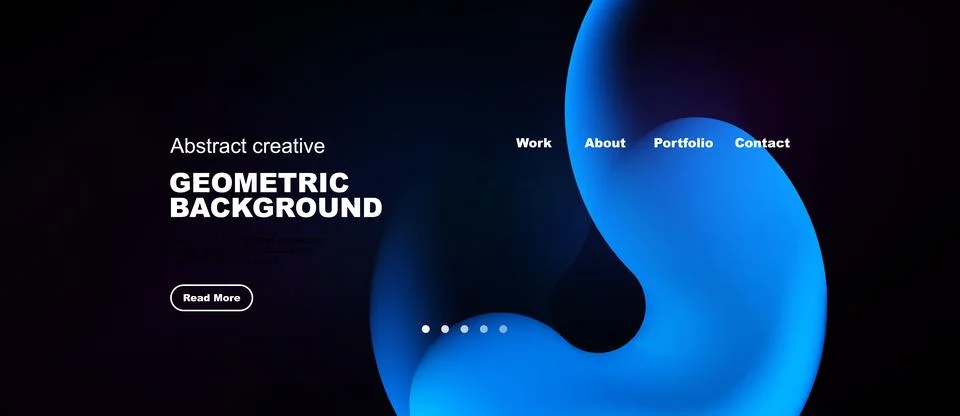 Dark background features abstract blue shapes. Text includes geometric Stock Illustration