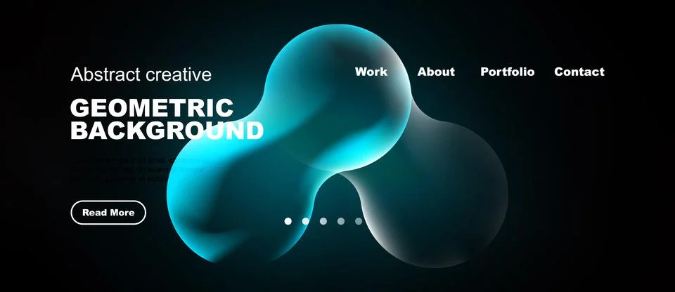 Dark background features abstract blue shapes, text elements, navigation menu Illustrazione stock