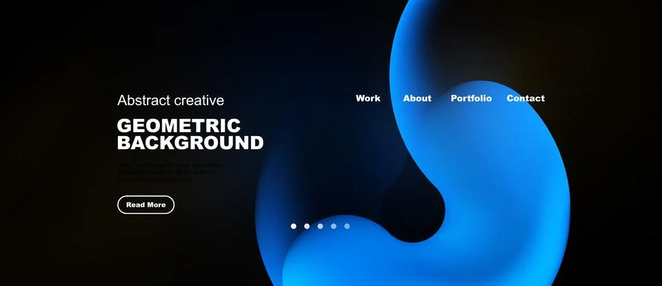 Dark background features abstract blue shapes, text elements, navigation menu Stock Illustration