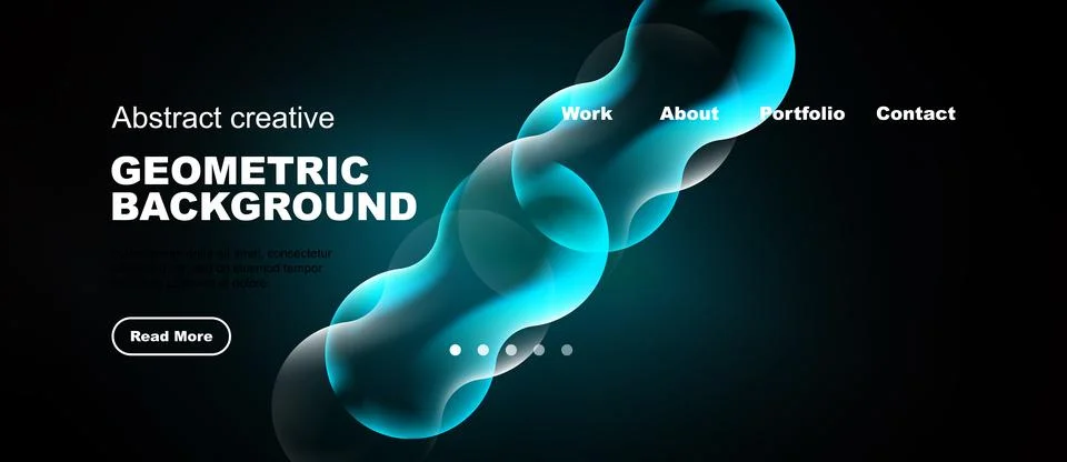 Dark background features abstract blue shapes, text elements, navigation menu Stock Illustration