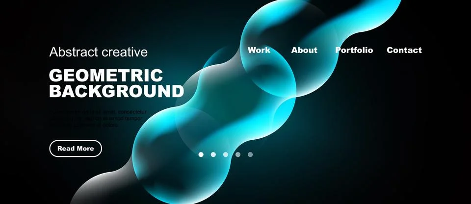 Dark background features abstract blue shapes, text elements, navigation menu Stock Illustration