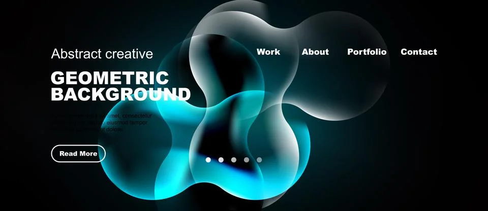 Dark background features abstract blue shapes, text elements, navigation menu Stockillustratie