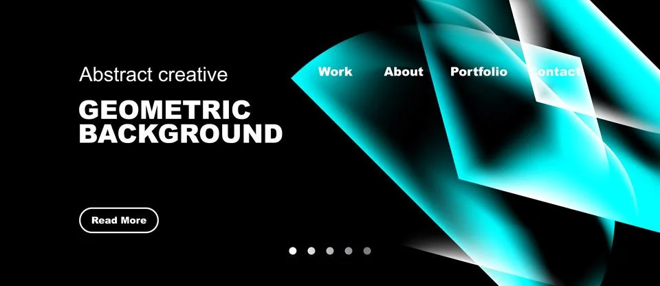 Dark background features abstract blue shapes, text elements, navigation op.. Ilustración de archivo
