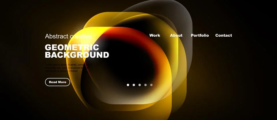Dark background features abstract fluid shapes, warm colors, website navigati Stock Illustration