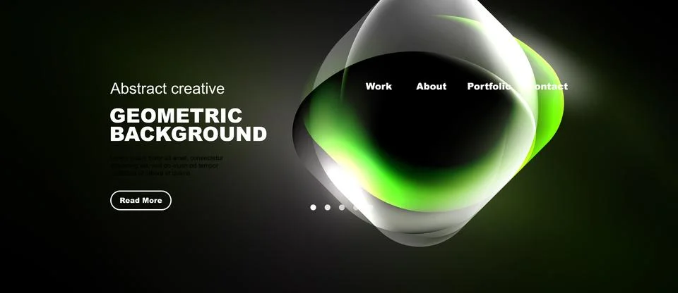 Dark background features abstract geometric shapes, green highlights, website Stock Illustration