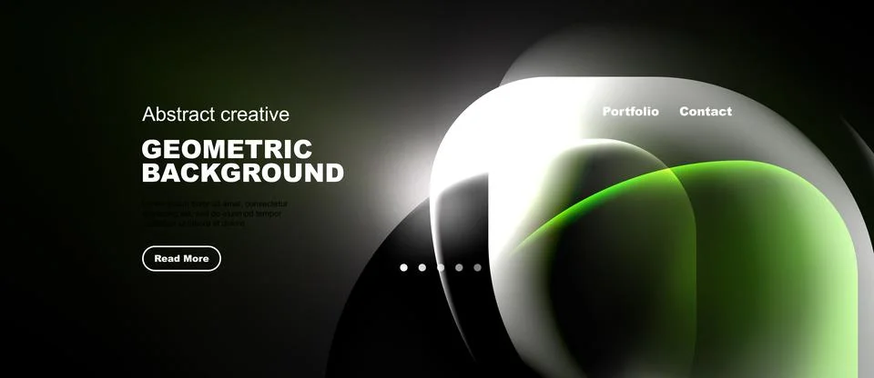 Dark background features abstract geometric shapes, gradients. Text includes Illustrazione stock