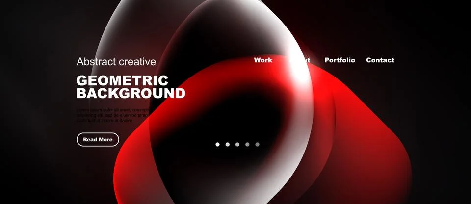 Dark background features abstract geometric shapes, red gradients, text ele.. Illustrazione stock