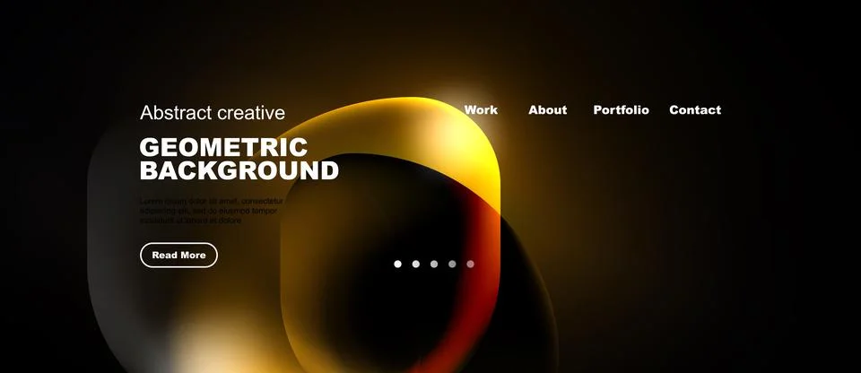 Dark background features abstract geometric shapes, text elements, navigation 스톡 일러스트