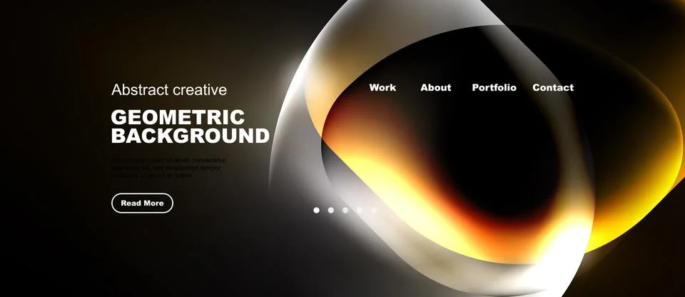 Dark background features abstract geometric shapes, text elements, navigation Stock Illustration