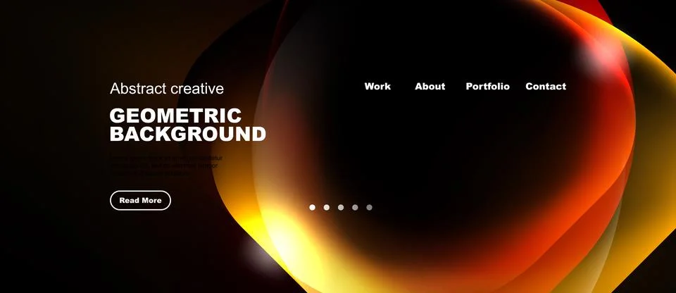 Dark background features abstract geometric shapes, text elements, navigation Illustrazione stock