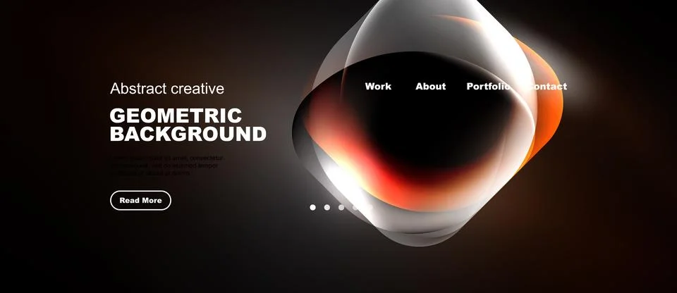 Dark background features abstract geometric shapes, orange hues, website イラスト素材