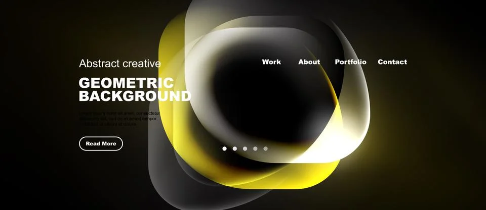 Dark background features abstract geometric shapes, yellow accents, website Stock Illustration