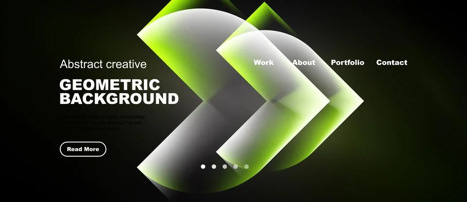 Dark background features abstract geometric shapes, gradients, text elements. Ilustração Stock