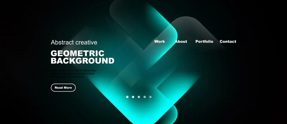Dark background features abstract geometric shapes, vibrant teal hues, websit Illustrazione stock