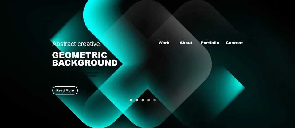 Dark background features abstract geometric shapes, teal gradients. Website Stock Illustration