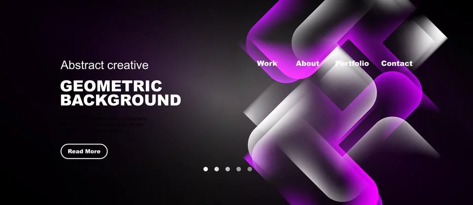 Dark background features abstract geometric shapes, text, navigation menu. 스톡 일러스트