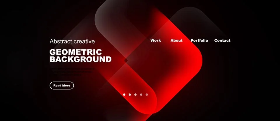 Dark background features abstract geometric shapes, vibrant red hues, website Stockillustratie