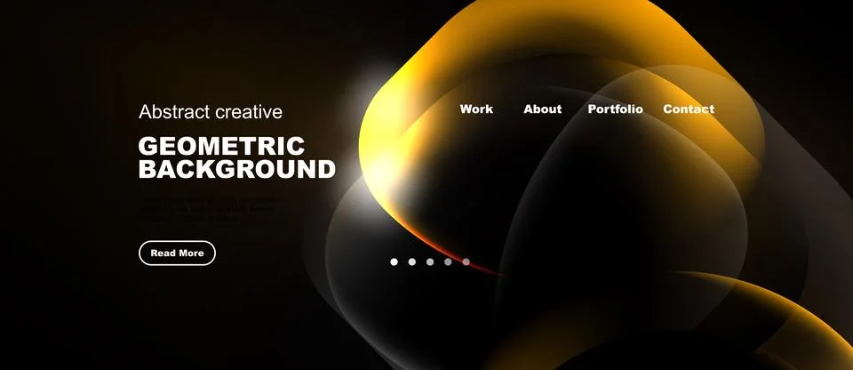 Dark background features abstract golden shapes. Menu options include work, Stock Illustration