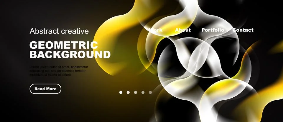 Dark background features abstract golden swirls, text elements, navigation .. Stock Illustration