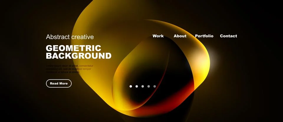 Dark background features abstract golden shapes, text elements, navigation .. Stock Illustration
