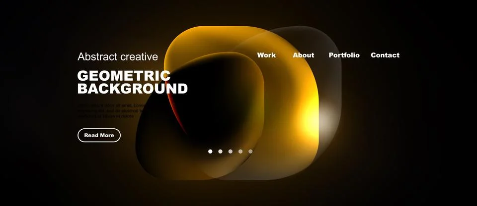 Dark background features abstract golden shapes, text elements, navigation .. Stock Illustration
