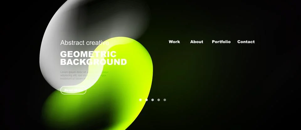 Dark background features abstract green shapes, text elements, navigation men Illustrazione stock
