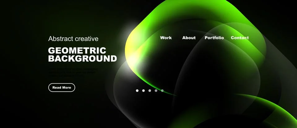 Dark background features abstract green shapes, text elements, navigation Illustrazione stock